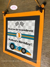 Load image into Gallery viewer, Race Car Birthday Party Door Banner Driver Red Pit Crew Checkered Flag Orange Black Racing Grand Prix Boogie Bear Invitations Nathan Theme