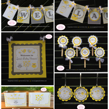 Birds Owls Baby Shower Package Boy Girl Yellow Grey White Woodland Animals Birdcage Lemon Tree Bird Owl Boogie Bear Invitations Lara Theme