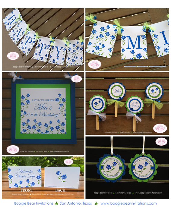 Blue Flowers Birthday Party Package Blue Bluebonnetts Green Garden Spring Grow Floral Farm Country Girl Boogie Bear Invitations Mia Theme