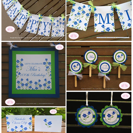 Blue Flowers Birthday Party Package Blue Bluebonnetts Green Garden Spring Grow Floral Farm Country Girl Boogie Bear Invitations Mia Theme