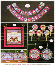 Load image into Gallery viewer, Autumn Harvest Birthday Party Package Twin Girl Forest Pink Purple Woodland Animals Farm Pumpkin Bird Boogie Bear Invitations Ivy Izzy Theme