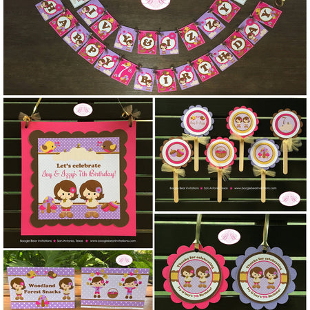 Autumn Harvest Birthday Party Package Twin Girl Forest Pink Purple Woodland Animals Farm Pumpkin Bird Boogie Bear Invitations Ivy Izzy Theme