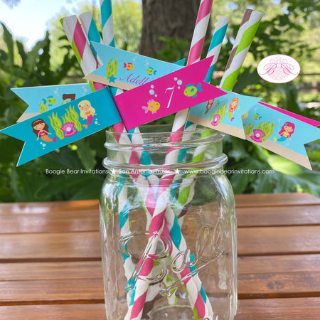 Mermaid Swimming Party Birthday Paper Straws Pennant Drink Girl Pink Pool Tropical Fish Splash Ocean Boogie Bear Invitations Adella Theme