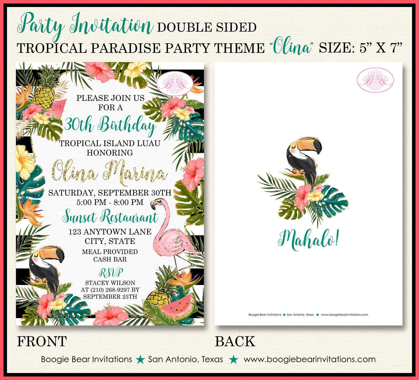 Tropical Paradise Birthday Party Invitation Flamingo Pineapple Watermelon Boogie Bear Invitations Olina Theme Paperless Printable Printed