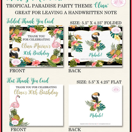 Tropical Paradise Birthday Party Thank You Card Girl Flamingo Toucan Pineapple Watermelon Hawaii Boogie Bear Invitations Olina Theme Printed