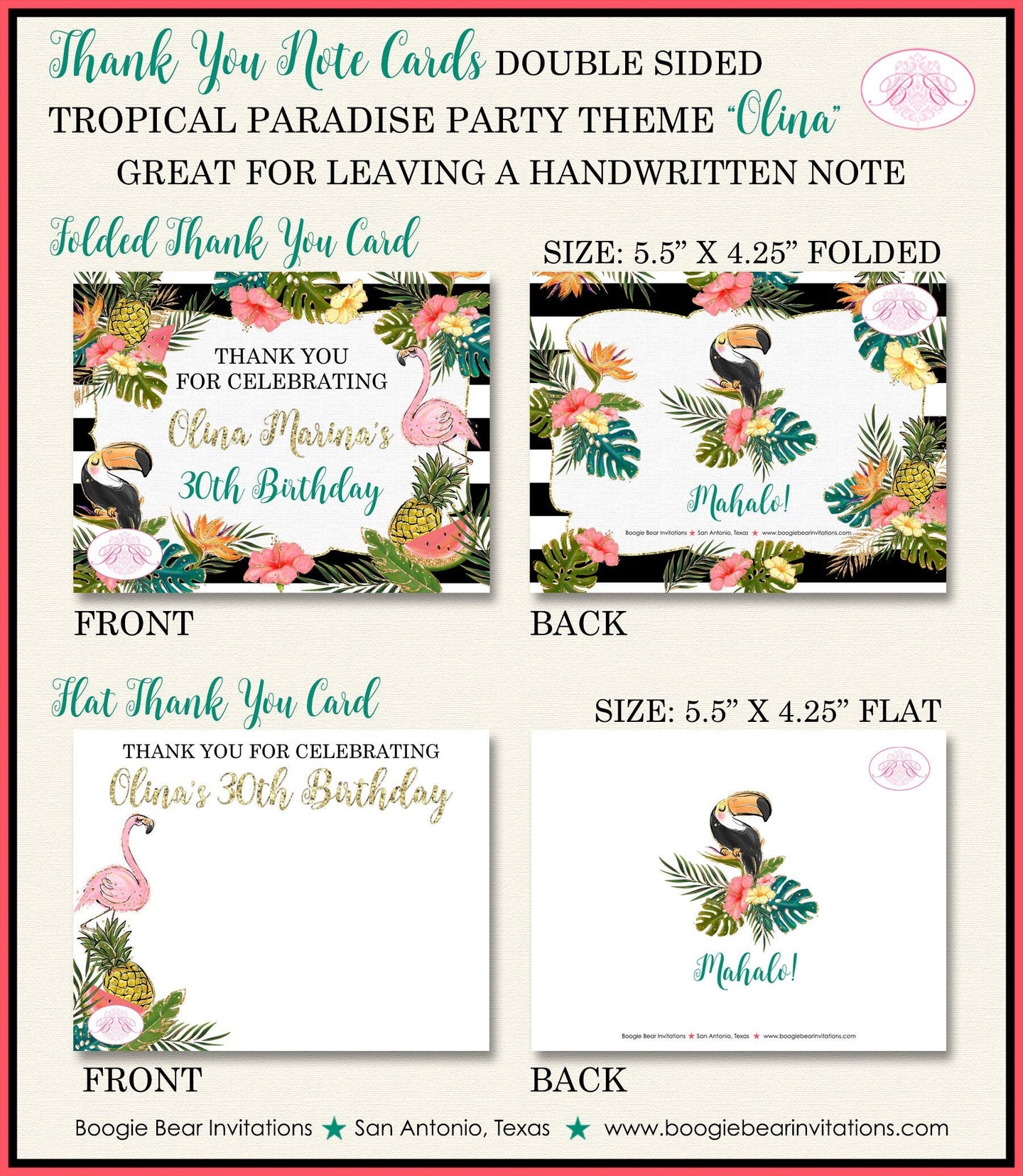 Tropical Paradise Birthday Party Thank You Card Girl Flamingo Toucan Pineapple Watermelon Hawaii Boogie Bear Invitations Olina Theme Printed
