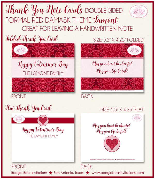 Red Formal Damask Thank You Cards Note Valentine's Party Day Love Heart Pattern Holiday Dinner Boogie Bear Invitations Lamont Theme Printed