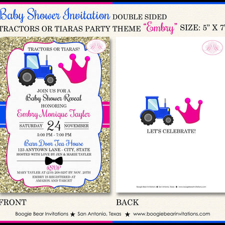 Tractors or Tiaras Baby Shower Invitation Pink Blue Gold Reveal Party Farm Boogie Bear Invitations Embry Theme Paperless Printable Printed