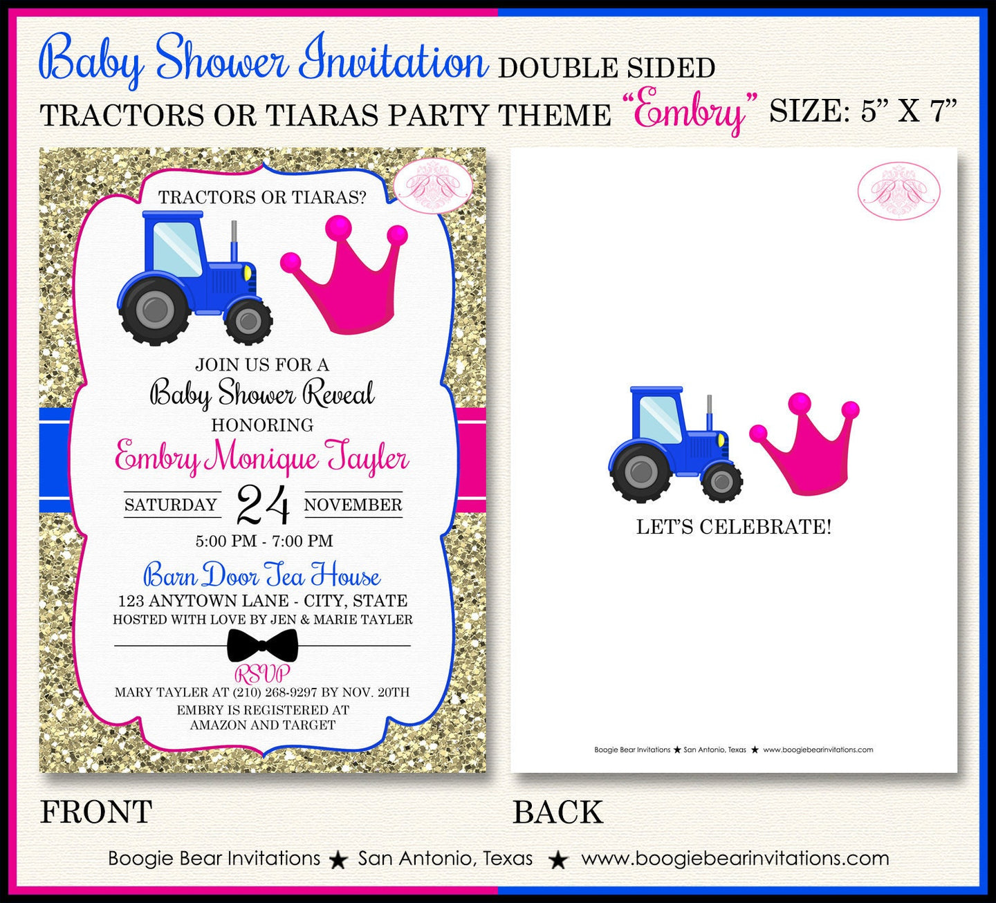Tractors or Tiaras Baby Shower Invitation Pink Blue Gold Reveal Party Farm Boogie Bear Invitations Embry Theme Paperless Printable Printed