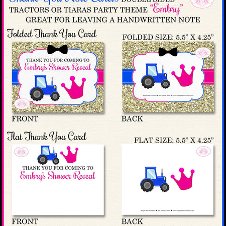 Tractors or Tiaras Party Thank You Card Baby Shower Reveal Note Black Pink Blue Gold Girl Boy Boogie Bear Invitations Embry Theme Printed