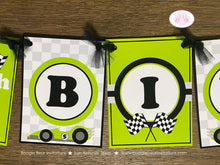 Load image into Gallery viewer, Race Car Happy Birthday Party Banner Racing Black Lime Green Boy Girl Grand Prix Checkered Flag Track Boogie Bear Invitations Valtteri Theme
