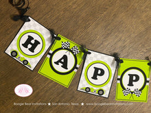 Load image into Gallery viewer, Race Car Happy Birthday Party Banner Racing Black Lime Green Boy Girl Grand Prix Checkered Flag Track Boogie Bear Invitations Valtteri Theme