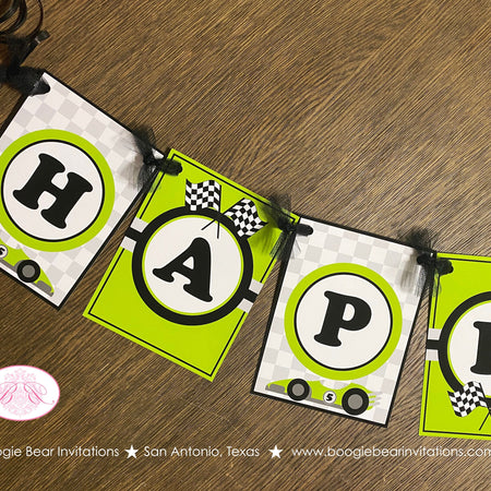 Race Car Happy Birthday Party Banner Racing Black Lime Green Boy Girl Grand Prix Checkered Flag Track Boogie Bear Invitations Valtteri Theme