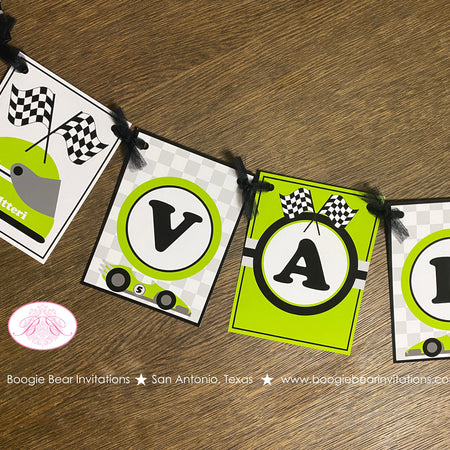 Race Car Name Birthday Party Banner Racing Girl Boy Lime Green Black Grand Prix Checkered Flag Track Boogie Bear Invitations Valtteri Theme