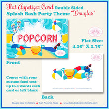 Load image into Gallery viewer, Splash Bash Birthday Party Favor Card Appetizer Food Place Sign Label Swimming Pool Swim Blue Boy Girl Boogie Bear Invitations Douglas Theme