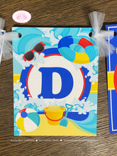 Load image into Gallery viewer, Splash Bash Party Name Banner Birthday Swimming Pool Beach Ball Ocean Swim Blue Wave Water Inner Tube Boogie Bear Invitations Douglas Theme