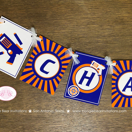 Foam Dart Gun Party Name Banner Birthday Orange Blue Bullseye Target Practice Shoot Play Game Boy Girl Boogie Bear Invitations Chase Theme