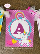 Load image into Gallery viewer, Rainbow Unicorn Party Name Banner Birthday Girl Pink Yellow Blue Purple Polka Dot Magic Heart Horse Boogie Bear Invitations Aurelia Theme