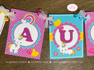Rainbow Unicorn Party Name Banner Birthday Girl Pink Yellow Blue Purple Polka Dot Magic Heart Horse Boogie Bear Invitations Aurelia Theme