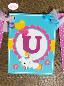 Rainbow Unicorn Party Name Banner Birthday Girl Pink Yellow Blue Purple Polka Dot Magic Heart Horse Boogie Bear Invitations Aurelia Theme