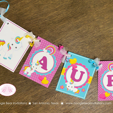 Rainbow Unicorn Party Name Banner Birthday Girl Pink Yellow Blue Purple Polka Dot Magic Heart Horse Boogie Bear Invitations Aurelia Theme