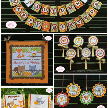 Fall Woodland Animals Birthday Party Package Pumpkin Farm Owl Squirrel Fox Forest Pumpkin Boy Girl Boogie Bear Invitations Autumn Rae Theme