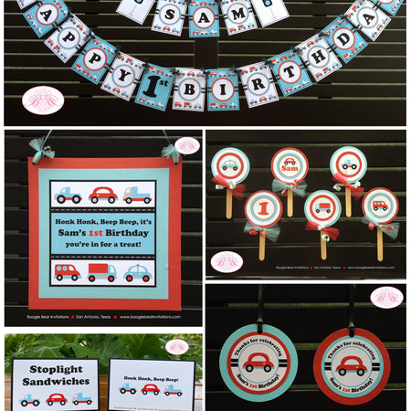 Cars Trucks Birthday Party Package Honk Beep Red Blue Black White Vehicles Stoplight Traffic Vehicles Boy Boogie Bear Invitations Sam Theme