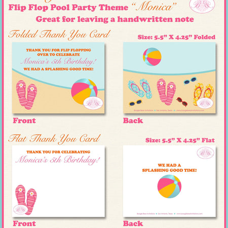 Flip Flop Pool Party Thank You Card Birthday Swim Girl Pink Splash Summer Swimming Beach Ball Boogie Bear Invitations Monica Theme Printed