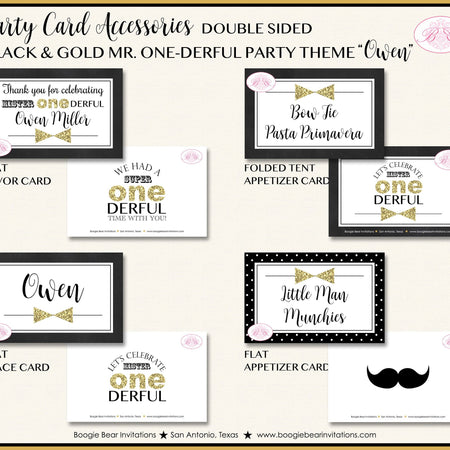Mr. Wonderful Birthday Party Favor Card Tent Place Food Tag Boy Black Gold ONE Onederful 1st Bow Tie Gift Boogie Bear Invitations Owen Theme