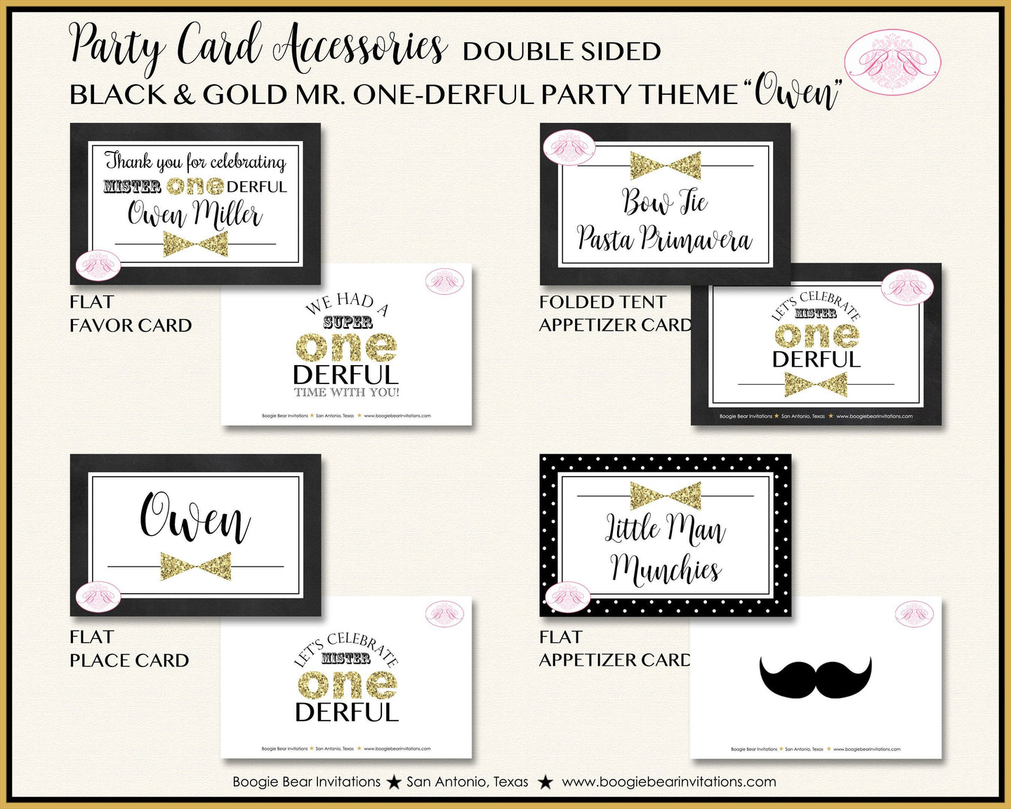 Mr. Wonderful Birthday Party Favor Card Tent Place Food Tag Boy Black Gold ONE Onederful 1st Bow Tie Gift Boogie Bear Invitations Owen Theme