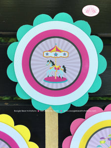 Amusement Park Birthday Party Package Carousel Horse Ride Girl Pink Blue Ferris Wheel Ride Circus Game Boogie Bear Invitations Camille Theme