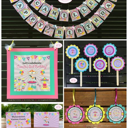 Amusement Park Birthday Party Package Carousel Horse Ride Girl Pink Blue Ferris Wheel Ride Circus Game Boogie Bear Invitations Camille Theme