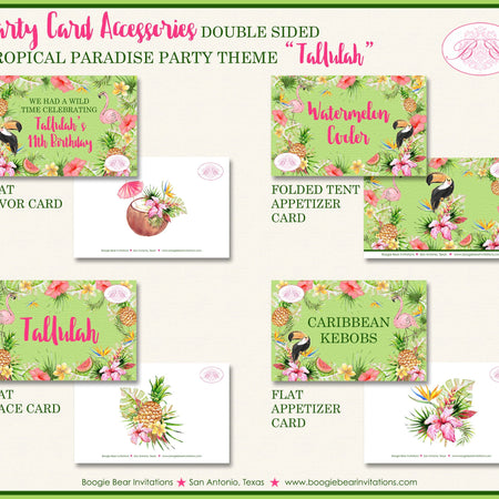 Tropical Paradise Birthday Party Favor Card Place Food Appetizer Girl Flamingo Toucan Pink Gold Green Boogie Bear Invitations Tallulah Theme