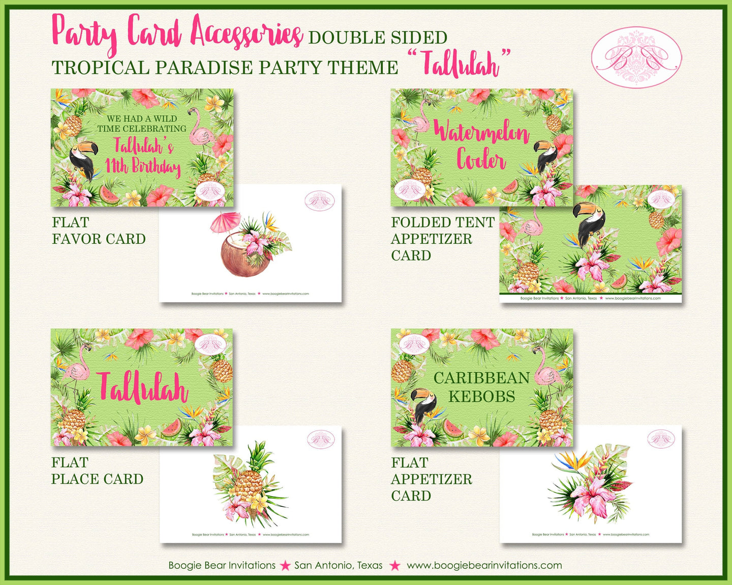 Tropical Paradise Birthday Party Favor Card Place Food Appetizer Girl Flamingo Toucan Pink Gold Green Boogie Bear Invitations Tallulah Theme
