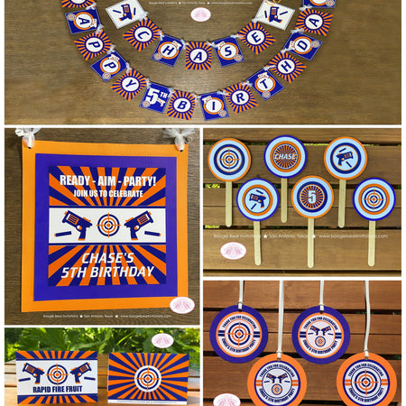Toy Dart Gun Birthday Party Package Orange Blue Bullseye Target Practice Shoot Play Fight Game Boy Girl Boogie Bear Invitations Chase Theme