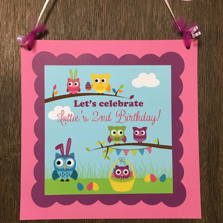 Easter Owls Birthday Party Door Banner Girl Boy Spring Pastel Egg Hunt Painting Woodland Decorating Boogie Bear Invitations Lottie Theme