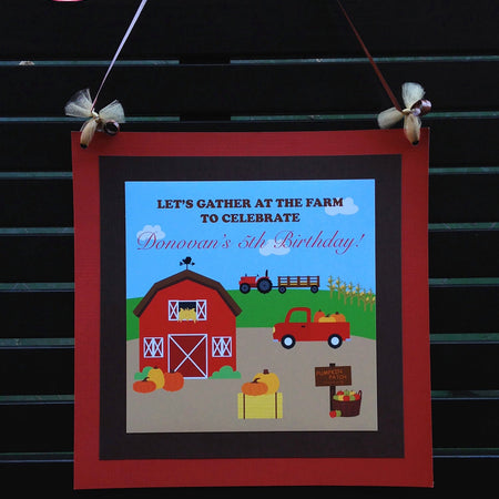 Fall Farm Harvest Birthday Door Banner Pumpkin Girl Boy Autumn Red Barn Country Ranch Tractor Truck Boogie Bear Invitations Donovan Theme