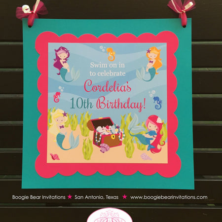 Mermaid Swimming Party Door Banner Birthday Pink Fish Girl Pool Splash Bash Under the Sea Ocean Beach Boogie Bear Invitations Cordelia Theme