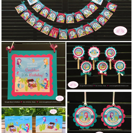 Pink Mermaid Birthday Party Package Pool Beach Ocean Girl Swim Swimming Under the Sea Splash Bash Boogie Bear Invitations Cordelia Theme