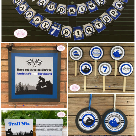 ATV Birthday Party Package Racing Teen Adult 4 Wheeler Boy Girl Quad All Terrain Vehicle Blue Black Boogie Bear Invitations Audrina Theme