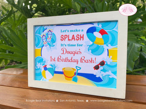 Splash Bash Birthday Party Sign Poster Swimming Boy Girl Swimming Pool Beach Ball Ocean Wave Swim Kids Boogie Bear Invitations Douglas Theme