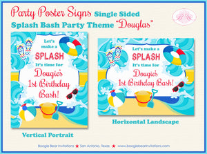 Splash Bash Birthday Party Sign Poster Swimming Boy Girl Swimming Pool Beach Ball Ocean Wave Swim Kids Boogie Bear Invitations Douglas Theme