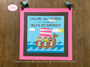 Pink Viking Warrior Party Door Banner Birthday Girl Ocean Set Sail Ship Kids Medieval Norse Voyage Sea Boogie Bear Invitations Hela Theme