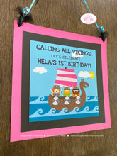 Load image into Gallery viewer, Pink Viking Warrior Party Door Banner Birthday Girl Ocean Set Sail Ship Kids Medieval Norse Voyage Sea Boogie Bear Invitations Hela Theme