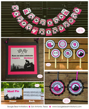 Load image into Gallery viewer, Pink ATV Birthday Party Package Girl Racing Quad All Terrain Vehicle Checkered Flag Black Off Road Race Boogie Bear Invitations Angela Theme