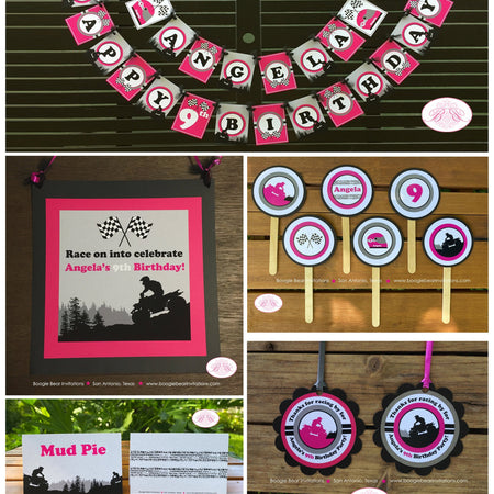 Pink ATV Birthday Party Package Girl Racing Quad All Terrain Vehicle Checkered Flag Black Off Road Race Boogie Bear Invitations Angela Theme