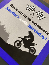 Load image into Gallery viewer, Blue Dirt Bike Road Birthday Door Banner Black Party Boy Girl Motocross Enduro Sports Motorcycle Race Boogie Bear Invitations Austin Theme