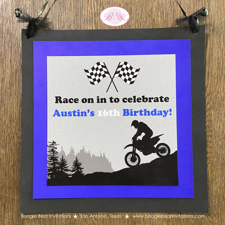 Blue Dirt Bike Road Birthday Door Banner Black Party Boy Girl Motocross Enduro Sports Motorcycle Race Boogie Bear Invitations Austin Theme