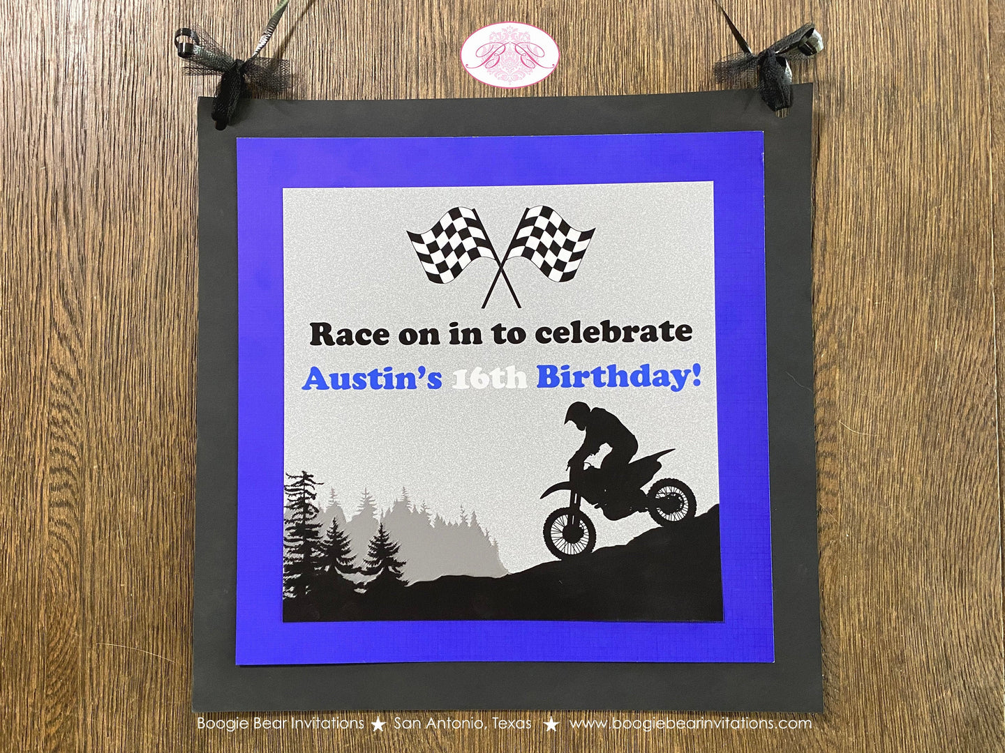 Blue Dirt Bike Road Birthday Door Banner Black Party Boy Girl Motocross Enduro Sports Motorcycle Race Boogie Bear Invitations Austin Theme