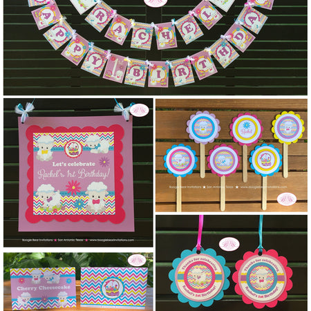Spring Lambs Birthday Party Package Easter Sheep Girl Pink Yellow Purple Pastel Little Sheep Garden Baa Boogie Bear Invitations Rachel Theme